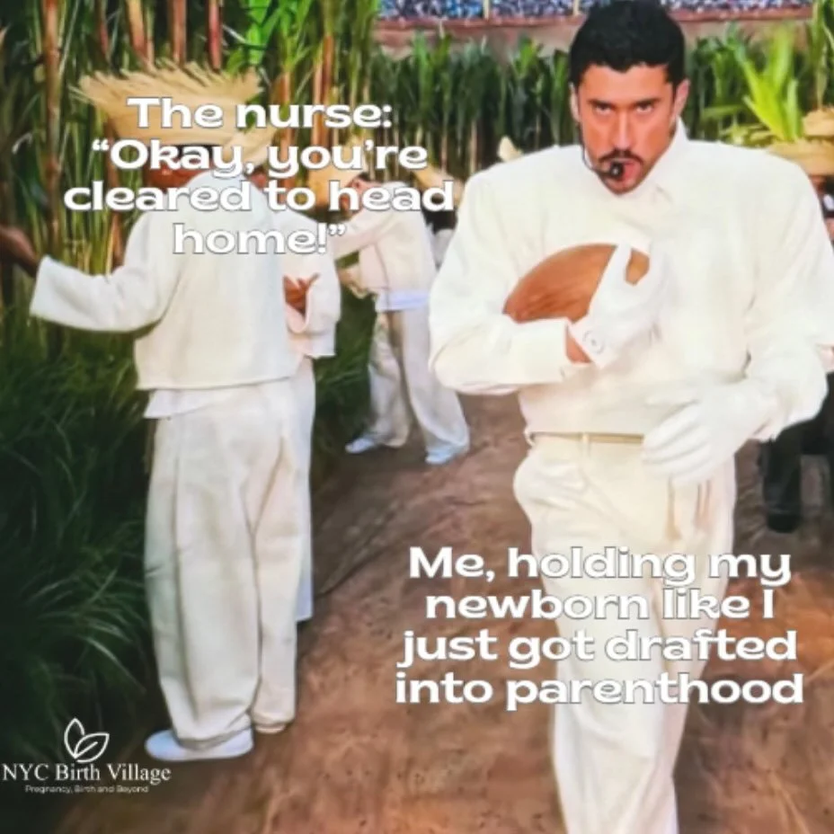 Walking into parenthood faking it til we make it! ✨

#nycbirthvillage #football #badbunny #parenthood #newparents #holdingbaby #parenthumor #superbowl #draftedintoparenthood #becomingparents #matrescence #relatable