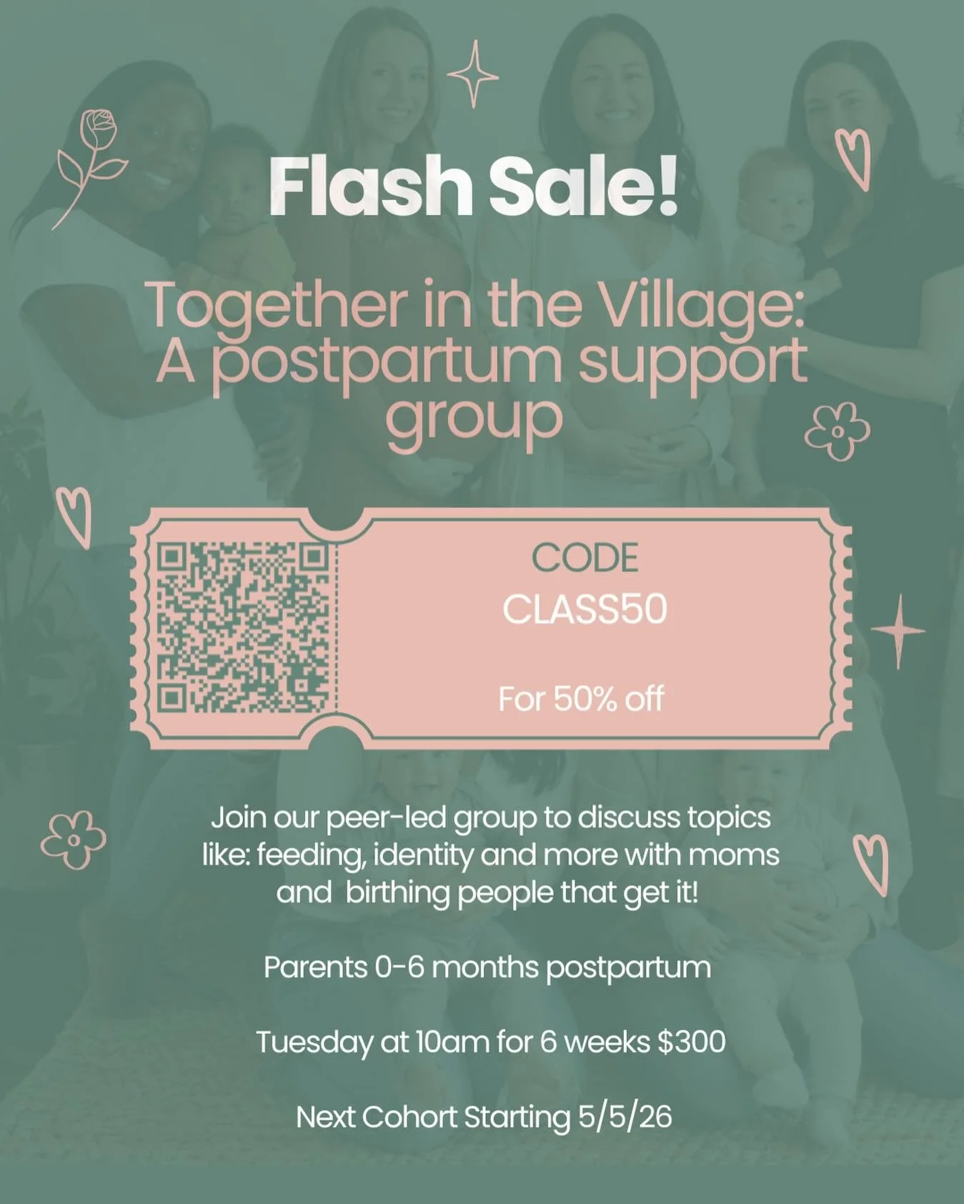 Are you a new mom/birthing parent of a baby 0-6 months old? Join us for Together in the Village starting May 5th for 6 weeks. Use the code CLASS50 to get an amazing discount. Hope to see ya there! 

#postpartumsupportgroup #togetherinthevillage #newp