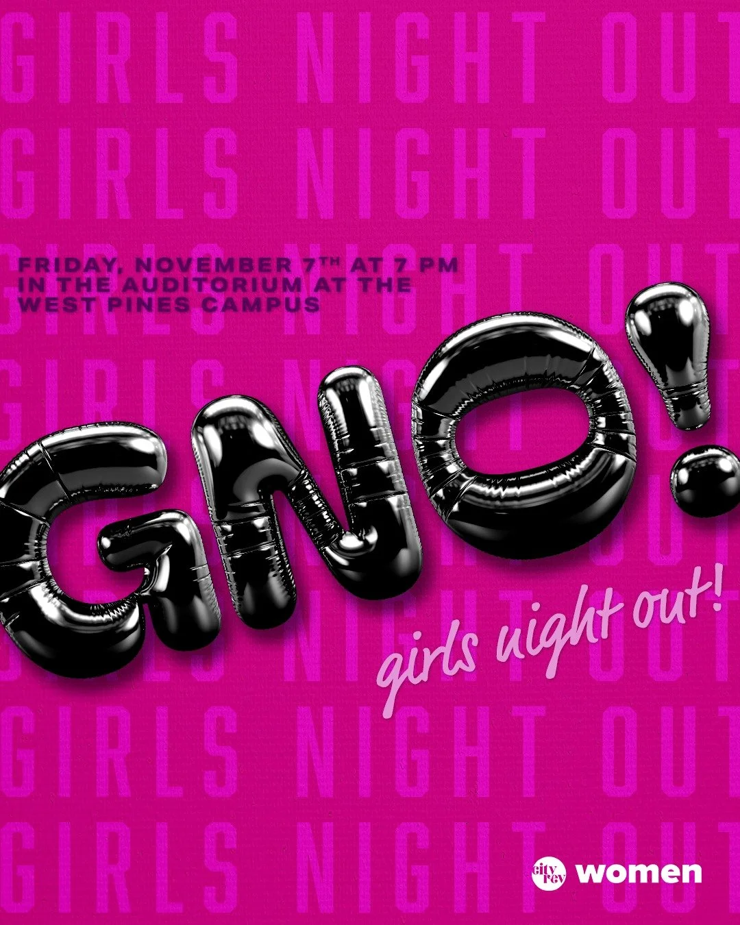 Life moves fast &mdash; take a night to slow down, connect, and encounter God. 💫 💖
Join us for Girls Night Out at City Rev &mdash; a night of worship, teaching, community, and fun!
🗓 Friday, November 7 | 7&ndash;9 PM
📍West Pines Campus
Doors open