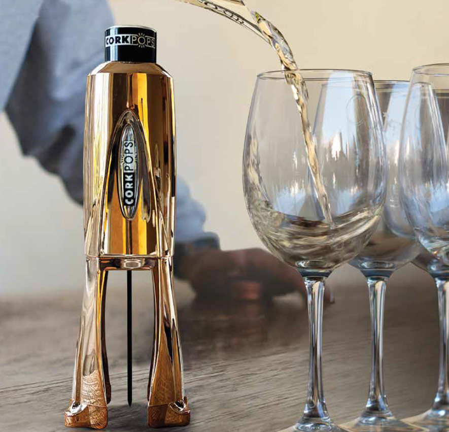 12288 - The Cork Pops Legacy Wine Opener is a wine opener that puts fun into removing the cork from a bottle of wine. The Legacy Wine
Opener uses a low-pressure inert gas cartridge to gently pop the cork from a wine bottle without affecting the taste