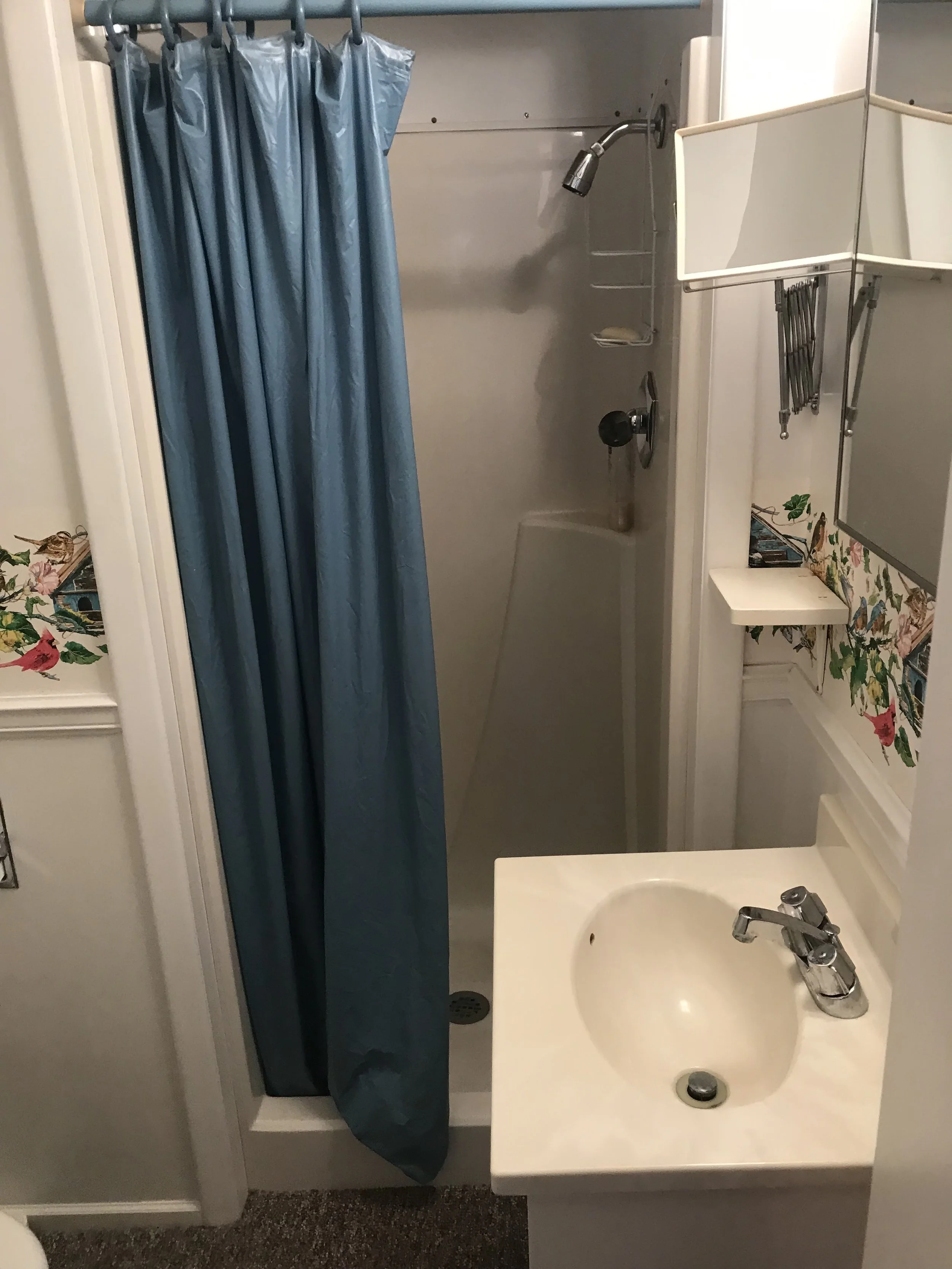 Small bathroom with a shower area, blue curtain, white sink with a faucet, and floral patterned wallpaper.