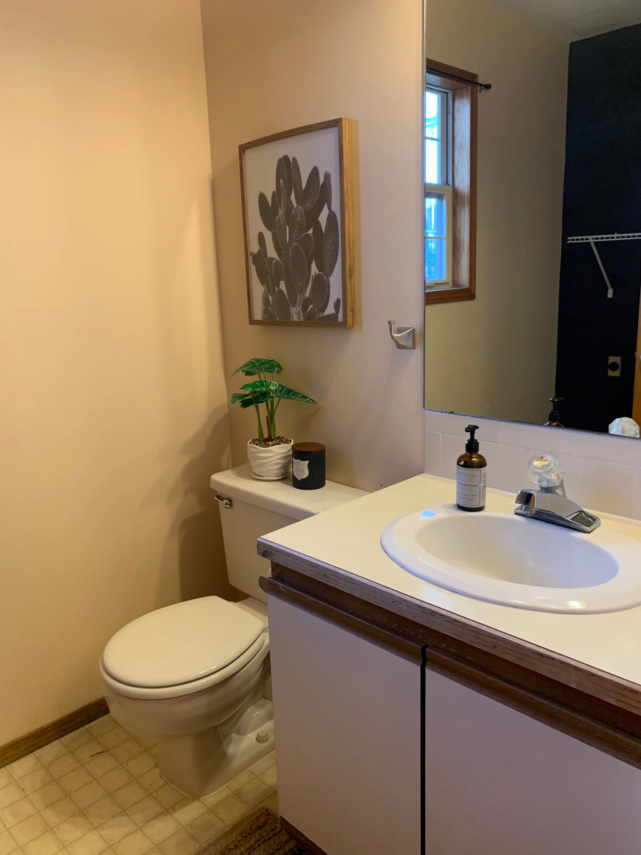 A small bathroom with a white toilet, a bathroom sink, and a large mirror. The sink has a soap dispenser and a decorative object, and there is a potted plant on top of the toilet tank. A framed cactus artwork hangs on the wall, and there is a small window with wooden trim letting in natural light.