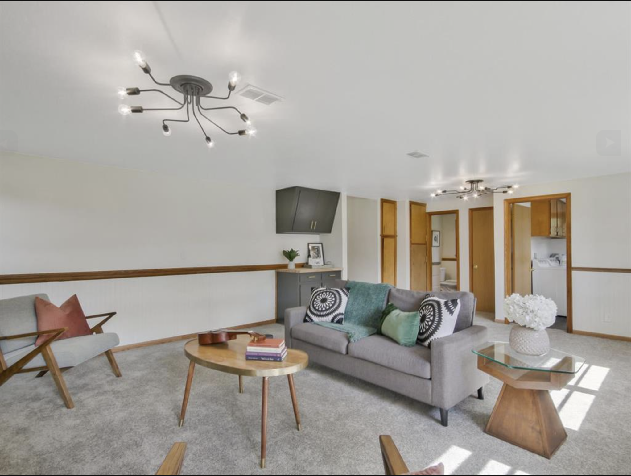 Living room with gray sofa, wooden coffee table, and vintage armchair. Modern ceiling lights, carpeted floor, and a view of the laundry area through an open door. Decor includes pillows, a blanket, a vase of white flowers, and framed pictures.