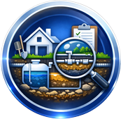 Illustration of a house and map with magnifying glass highlighting underground water and pipes