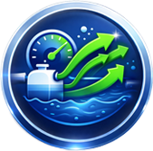 A graphical representation of water with rising green arrows, a gauge showing high pressure, and a gear symbol, indicating water pressure or flow management.