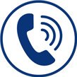 Icon of a phone receiver with sound waves, enclosed in a blue circular background.