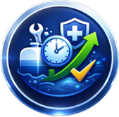 Icons representing health and wellness, including a wrench, a clock, a heart with a checkmark, a plus sign, a rising arrow, and a shield, on a circular blue background.