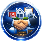 Handshake between two people in front of a house with a 'For Sale' sign, keys, and money, symbolizing real estate transaction.