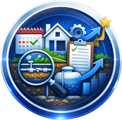 Illustration of real estate and home improvement concepts, including a house, calendar, checklist, gear, blueprint, magnifying glass, and upward-trending arrow.