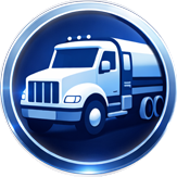Icon of a semi-truck inside a blue circular badge.