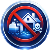 A circular emblem with a red prohibition sign over a flood scene showing a house, boat, and skull, indicating no flooding or flood danger.