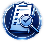 A checklist with a magnifying glass and a checkmark icon.
