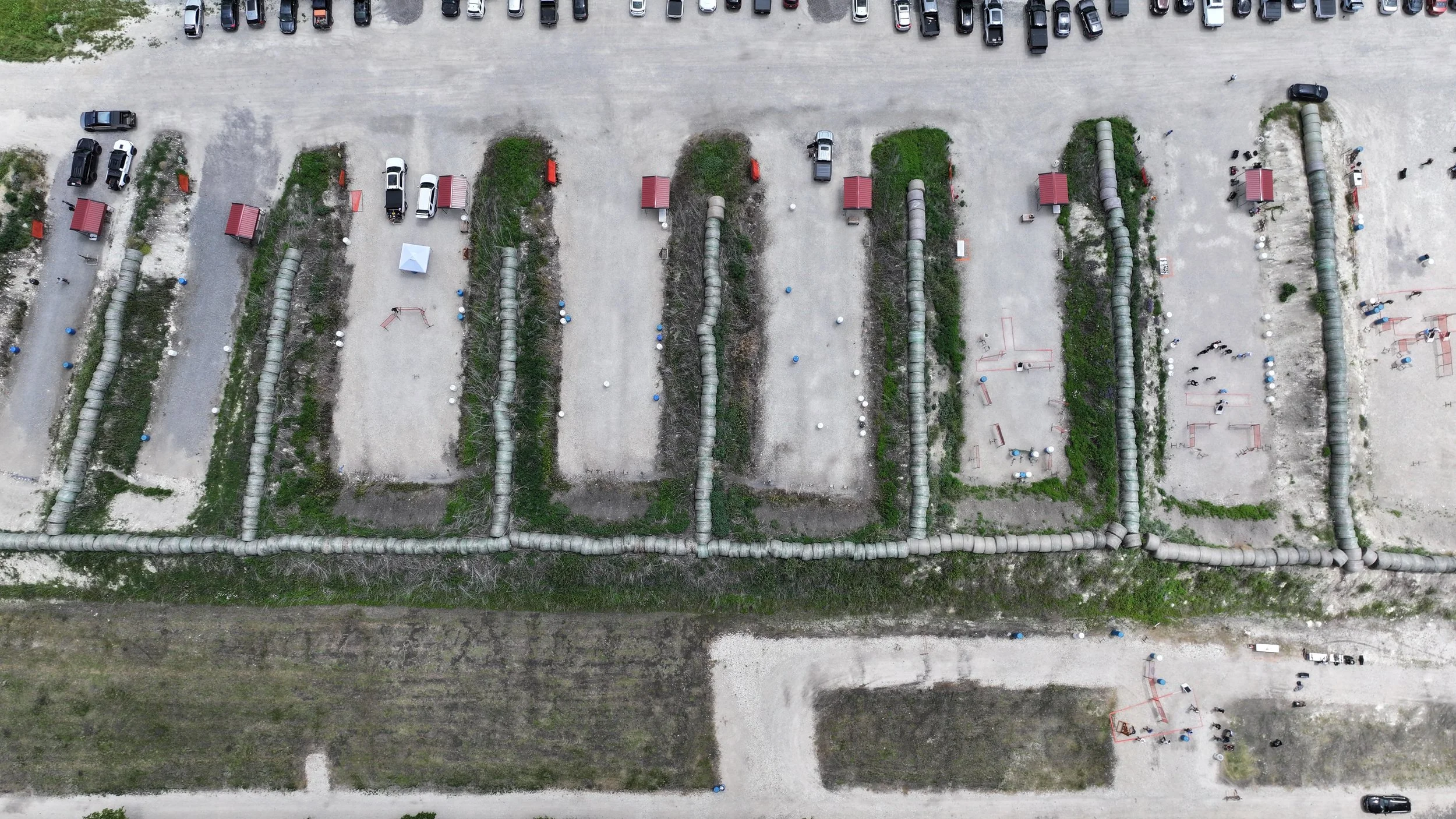 Aerial view of the outdoor tactical bays at Rooftop Shooting Range in Trenton, TX