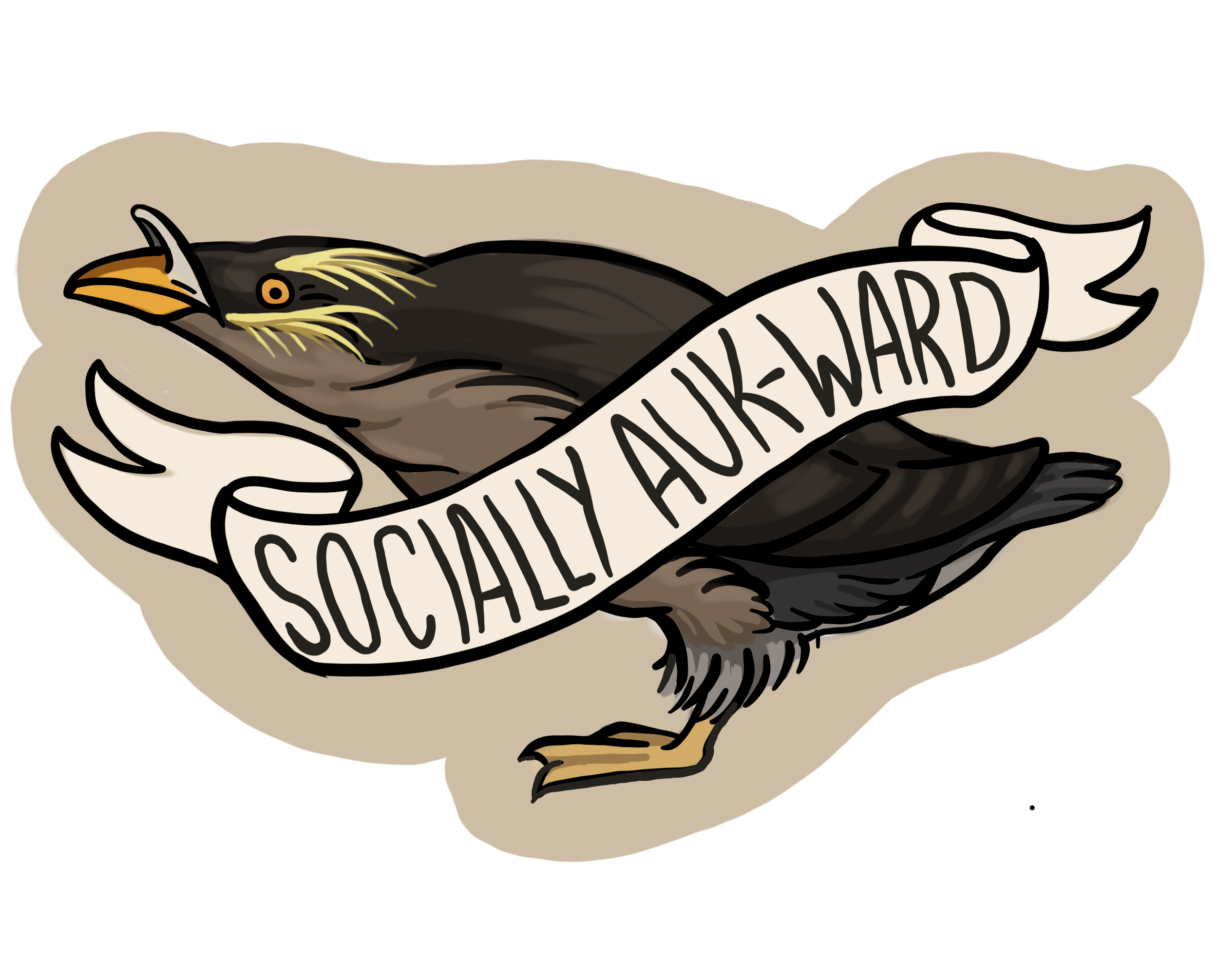 A tattoo style banner says SOCIALLY AUK-WARD, with an illustration of a rhinoceros auklet. These small seabirds spend their winters more or less on their own, then for 3 months out of the year, they move back in to Rhino Auklet City and all have to b