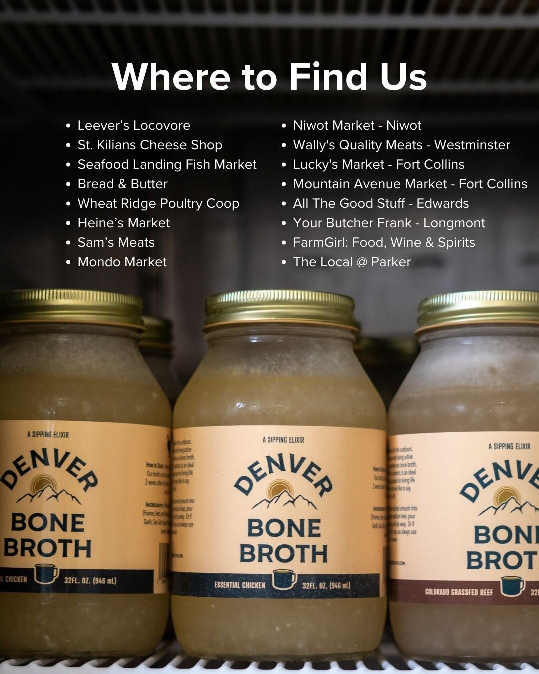 Did you already run out of bone broth since our last farmer&rsquo;s market?

From Denver to Wheat Ridge to Castle Rock and more, try shopping at one of our Colorado local retail partners. We&rsquo;re usually in the freezer section.

Our retail partne