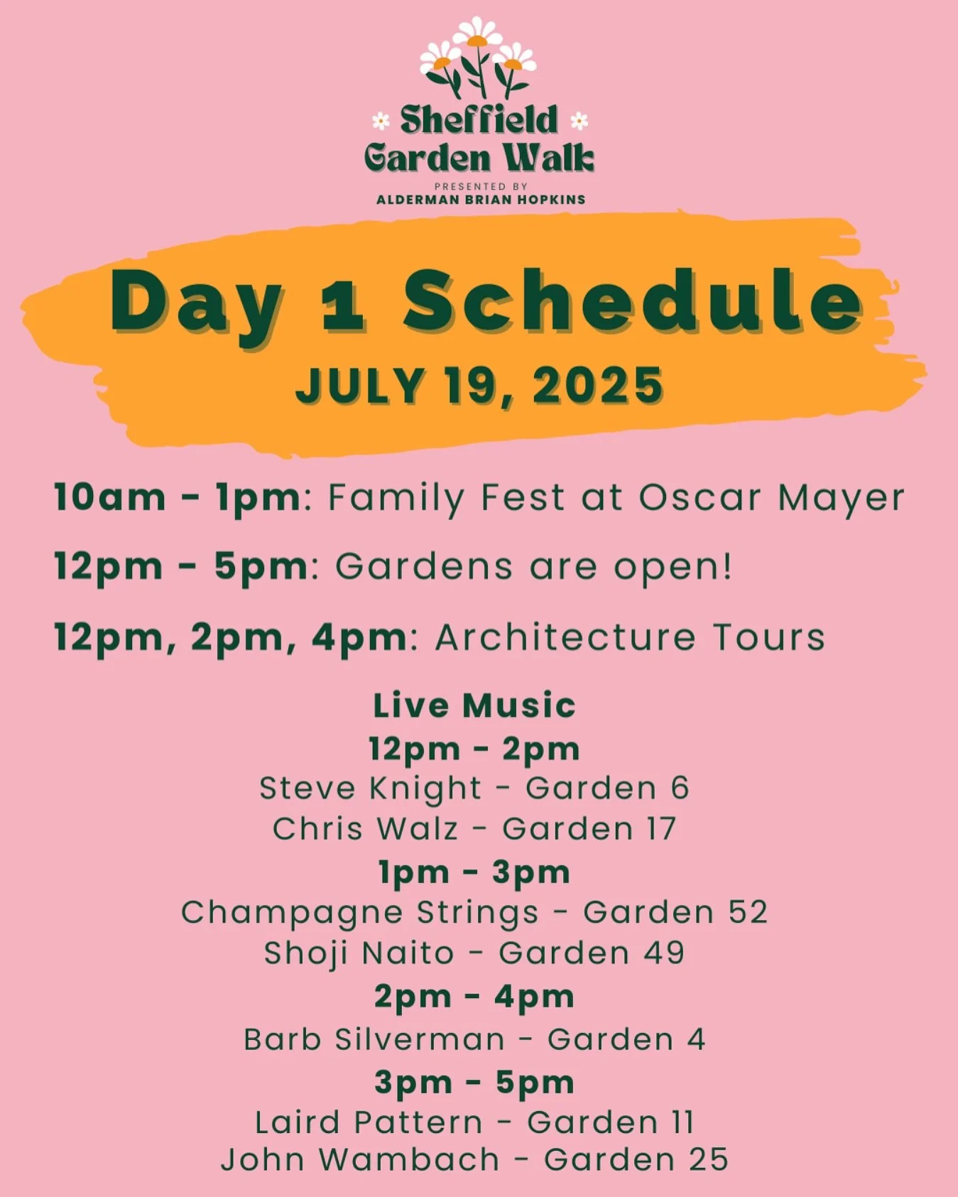 The Sheffield Garden Walk kicks off today with Family Fest at Oscar Mayer! 

Gardens will be open from 12pm - 5pm and garden maps can be purchased at Family Fest or the main tent at St. Vincent de Paul. 

Painters and musicians will be show casing th