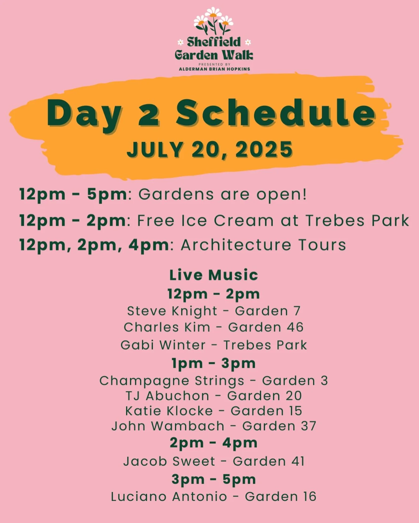 We hope everyone had a wonderful Day 1 of the Sheffield Garden Walk. Here is the schedule for Day 2!

Garden walk maps can by purchased at the main tent at St. Vincent de Paul from 12-5pm.

#sheffieldgardenwalk #gardenwalk #chicagogarden #chicagogard