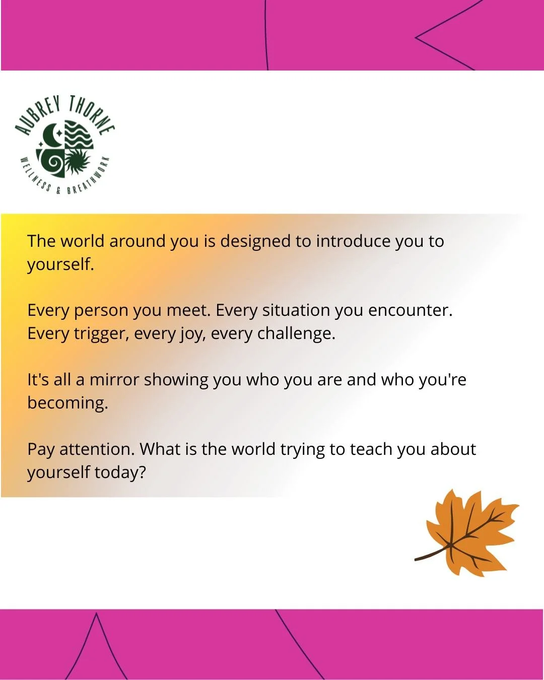 The world is your mirror. Every joy, challenge, and trigger is showing you who you are. Pay attention to the reflection.

#selfdiscovery #awareness #growth #reflection #innerwork