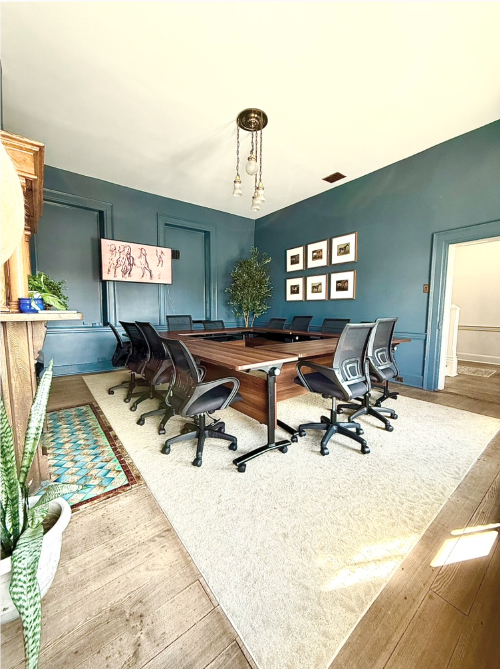 A conference room with teal walls, a large wooden table, black office chairs, a wall-mounted TV, framed artwork, a potted plant, and a patterned rug on wooden flooring.