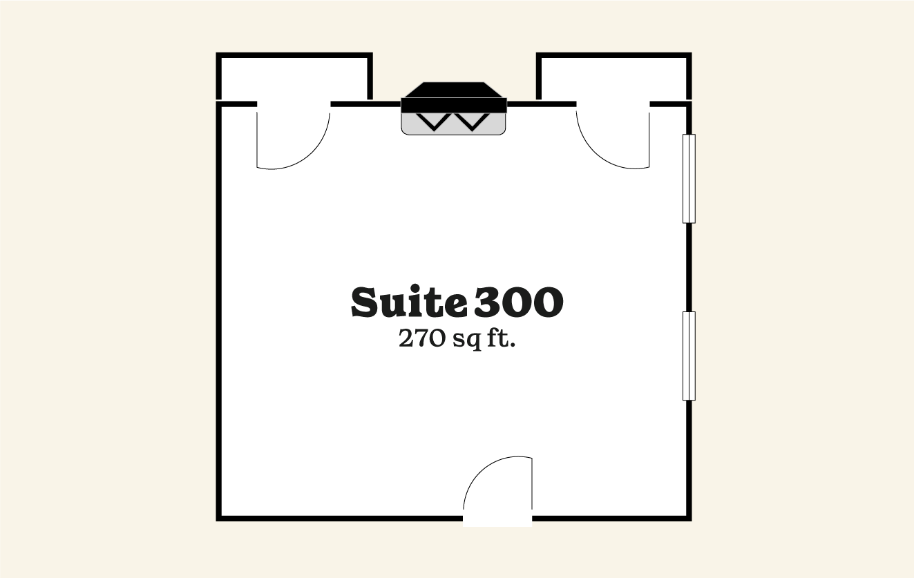 Floor plan of Suite 300, 270 square feet, with two doors and two windows.