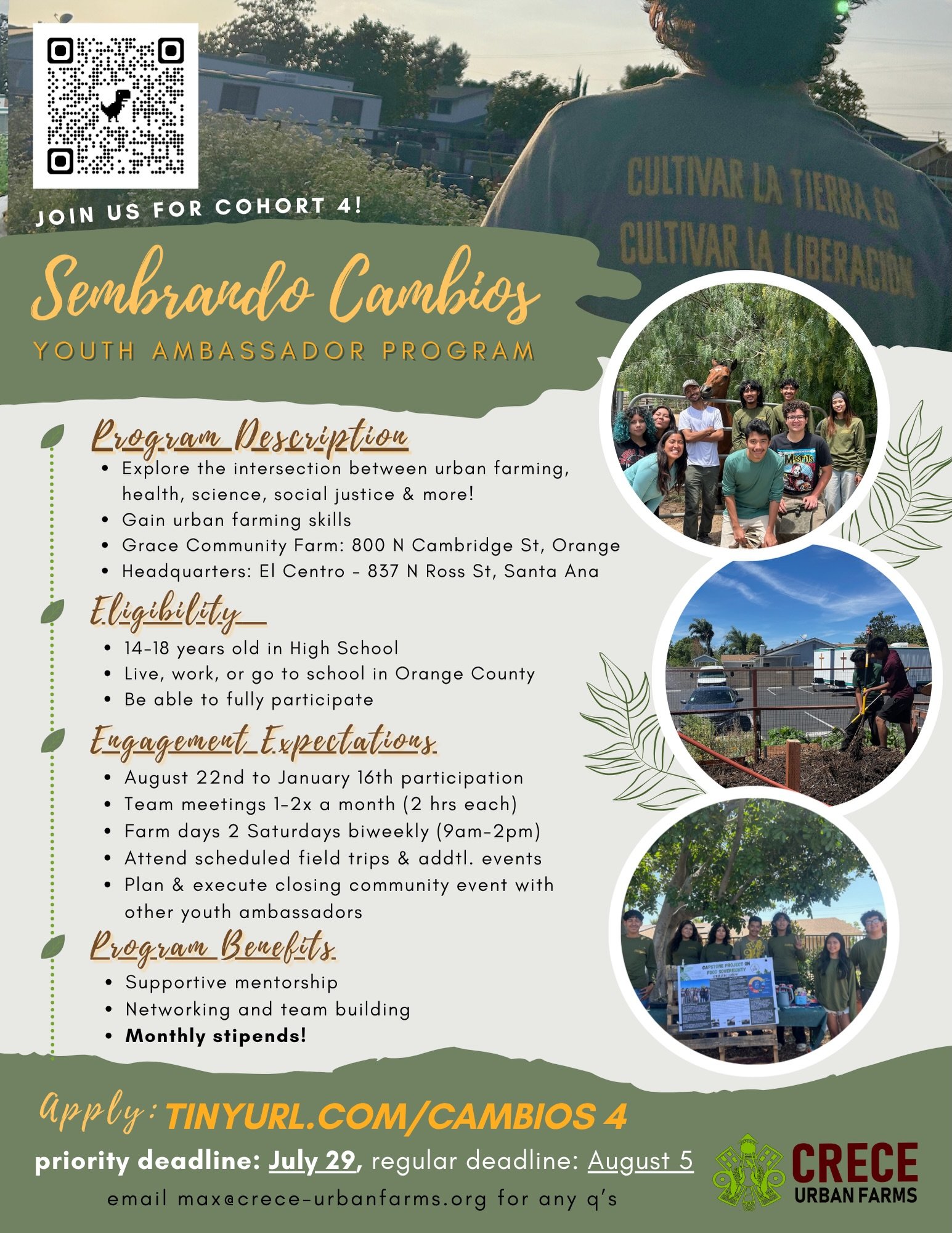 Applications for Cohort 4 of CRECE&rsquo;s Youth Ambassador Program are NOW OPEN!  As a Sembrando Cambios (Sowing Change) Youth Ambassador, high school students gain firsthand experience in growing food&mdash;from seed to plate&mdash;while learning a