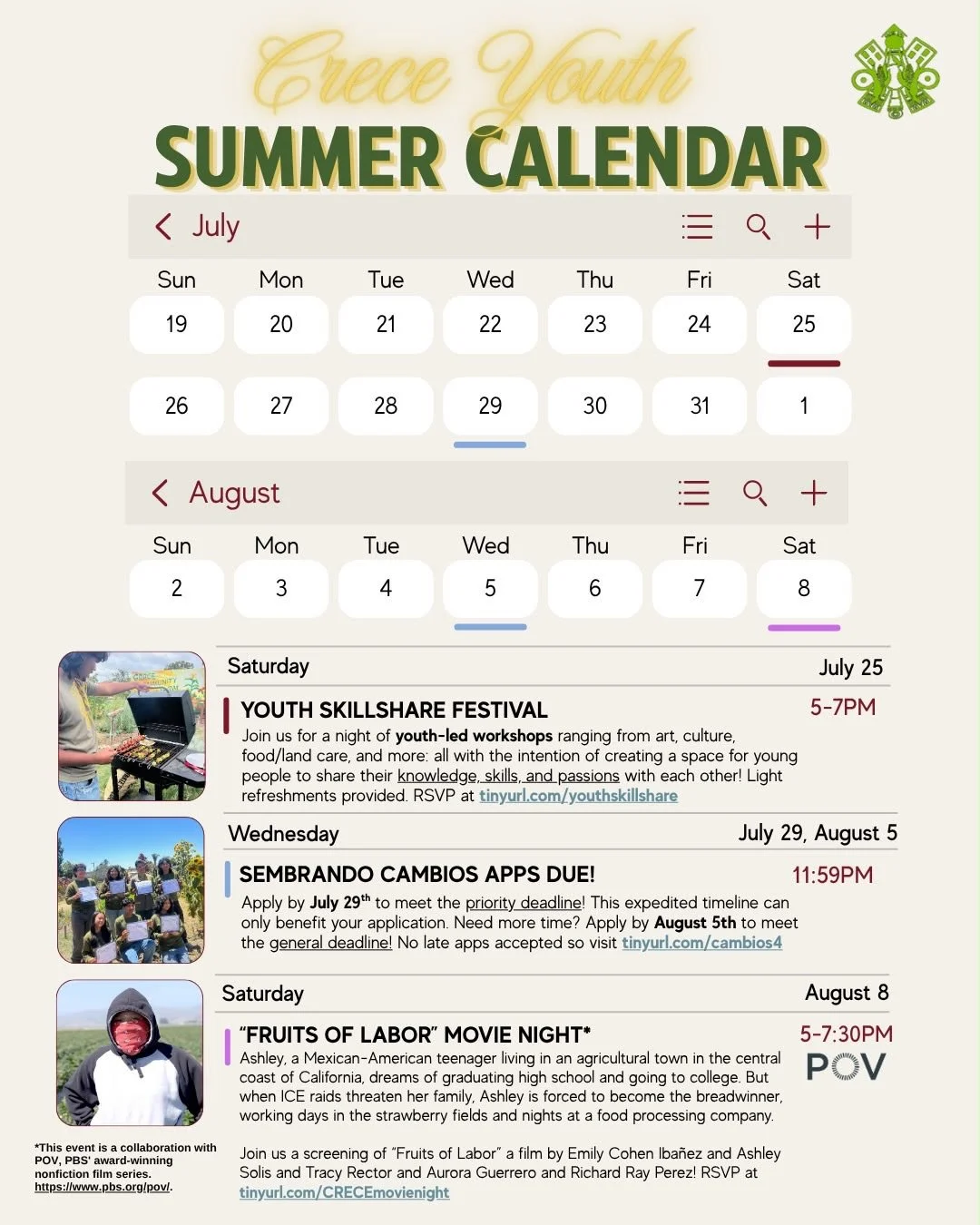CALLING ALL YOUTH! Looking for some fun ways to spend your summer? Look no further! 

CRECE Urban Farms is excited to announce our upcoming youth-focused events and key dates you can&rsquo;t miss! 

Join us THIS Saturday for our first ever Youth Skil