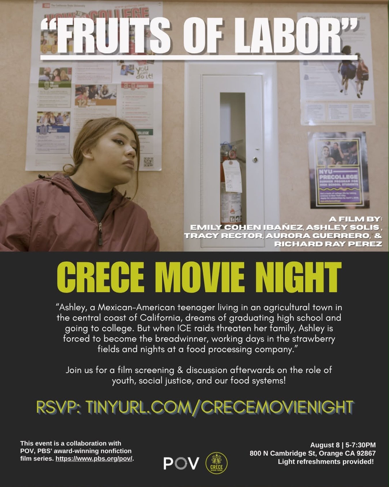 Join us August 8th for a screening of Fruits of Labor, a documentary film that follows the life of protagonist Ashley. Afterwards, engage in crucial dialogue as we open youth-centered discussion circles that analyze the role of youth in our food syst