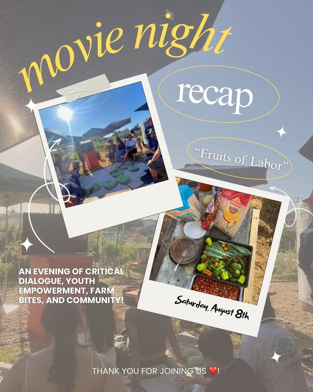 This past Saturday (08/08), CRECE hosted our first movie night at Grace Community Farm! We showed Fruits of Labor, a docu-style film that follows the day in the life of protagonist Ashley&mdash;a Mexican-American high school student, as she navigates