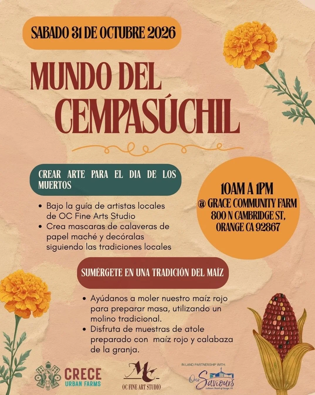 Swipe for English ➡️

Acomp&aacute;&ntilde;anos el 31 de octubre en una dia de convivencia para prepararnos para el D&iacute;a de los Muertos. Aprende sobre el cultivo de las flores de cempas&uacute;chil y la importancia de las celebraciones cultural