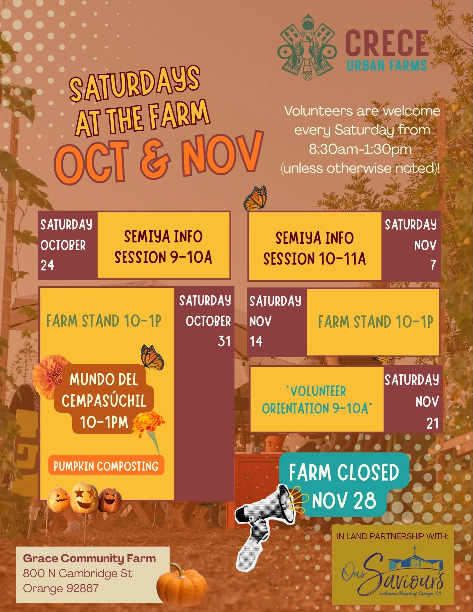 🍂 Leaf it to this post to update you for the next month. 🗓️ 

Want to volunteer on the farm? Join us any Saturday of the month. To have a brief orientation and intro to the team, join us at orientation 11/21- not required to volunteer.

Swipe throu