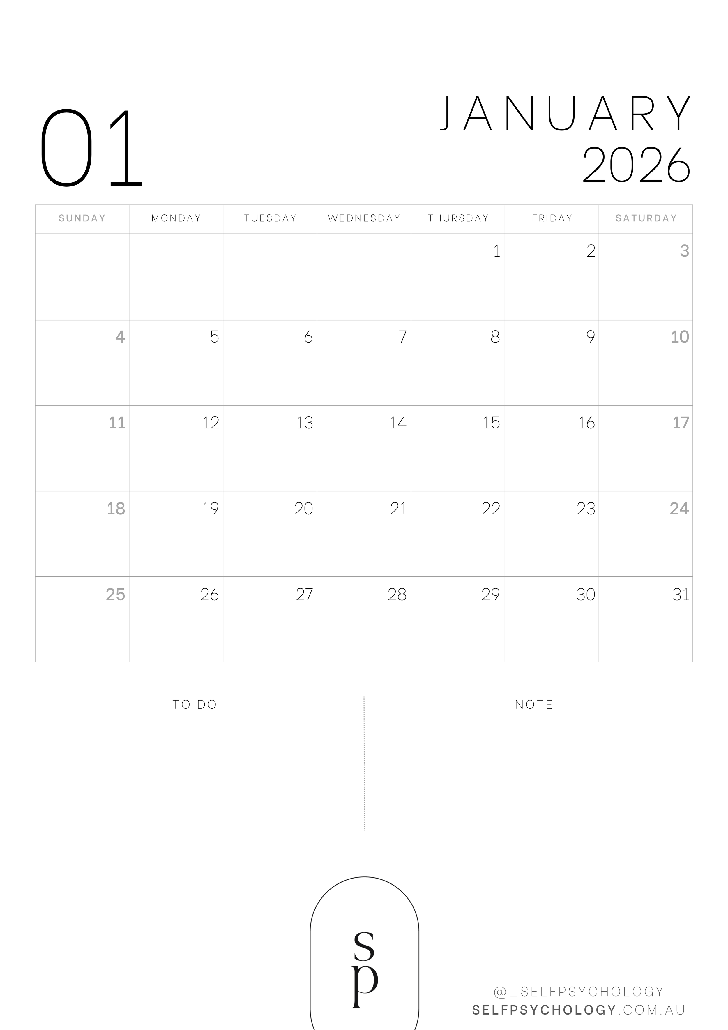 Blank January 2026 calendar for the month, with a minimalist design and a logo 'SP' at the bottom, inclusive of social media handle and website.