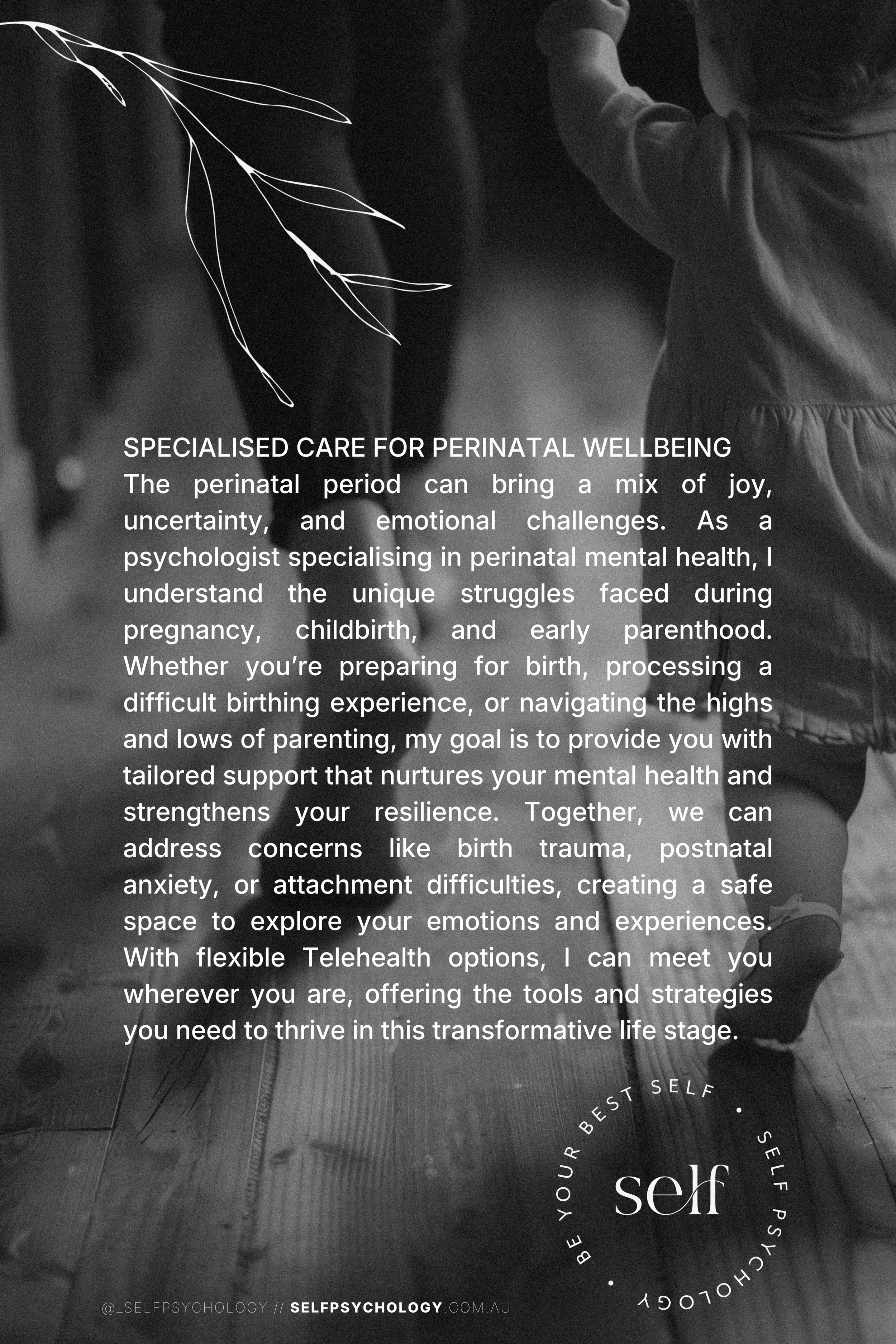 A grayscale photograph of a woman holding a child, with overlaid text about perinatal mental health care services, including support for birth trauma, postnatal anxiety, and attachment difficulties, emphasizing telehealth options.