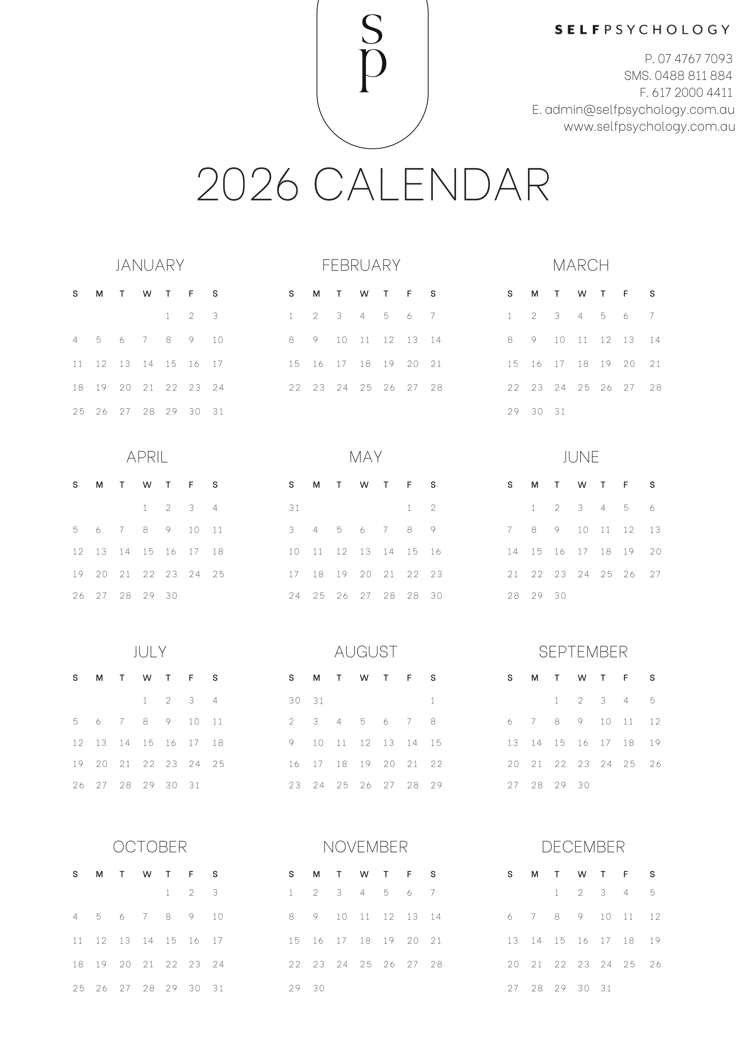 2024 calendar page for the months of January through December with a minimalist design, featuring midsize text for the year and months, and small dots for the days of the week.