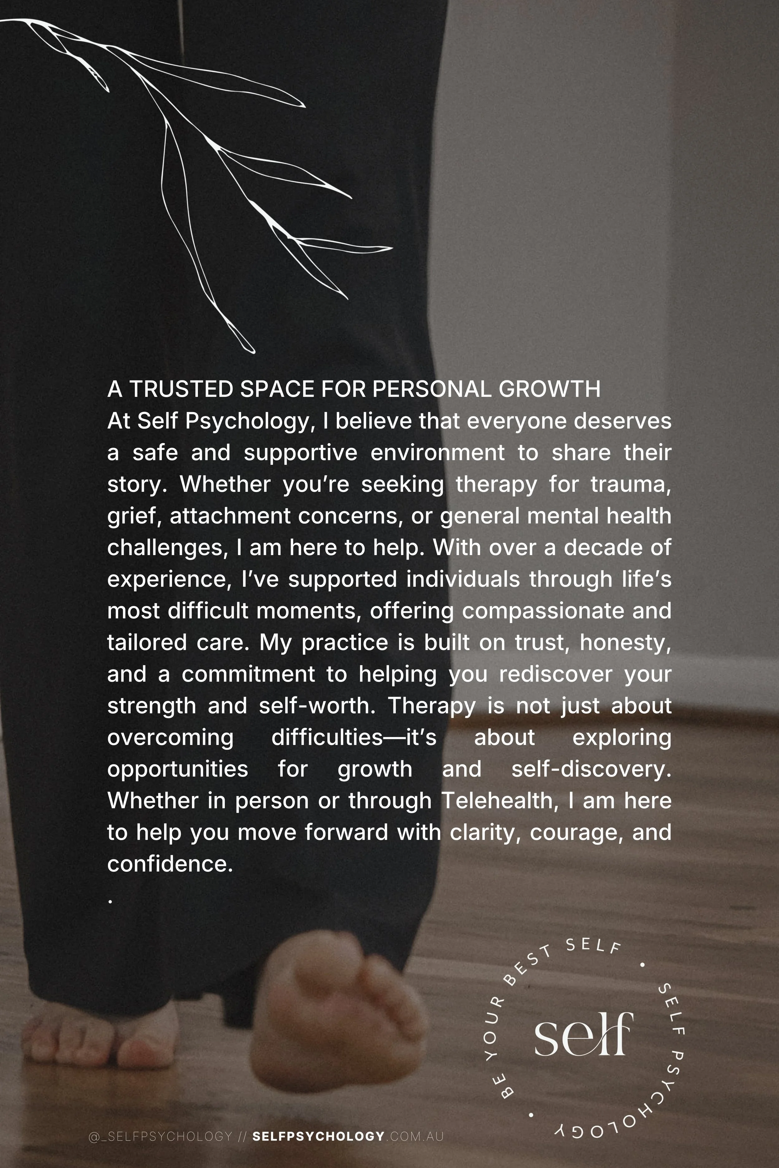 A person sitting cross-legged on a wooden floor, with a black background and a white line drawing of a leafy branch in the top left corner. The person is wearing dark pants, and only their bare feet, which are slightly curled, are visible.