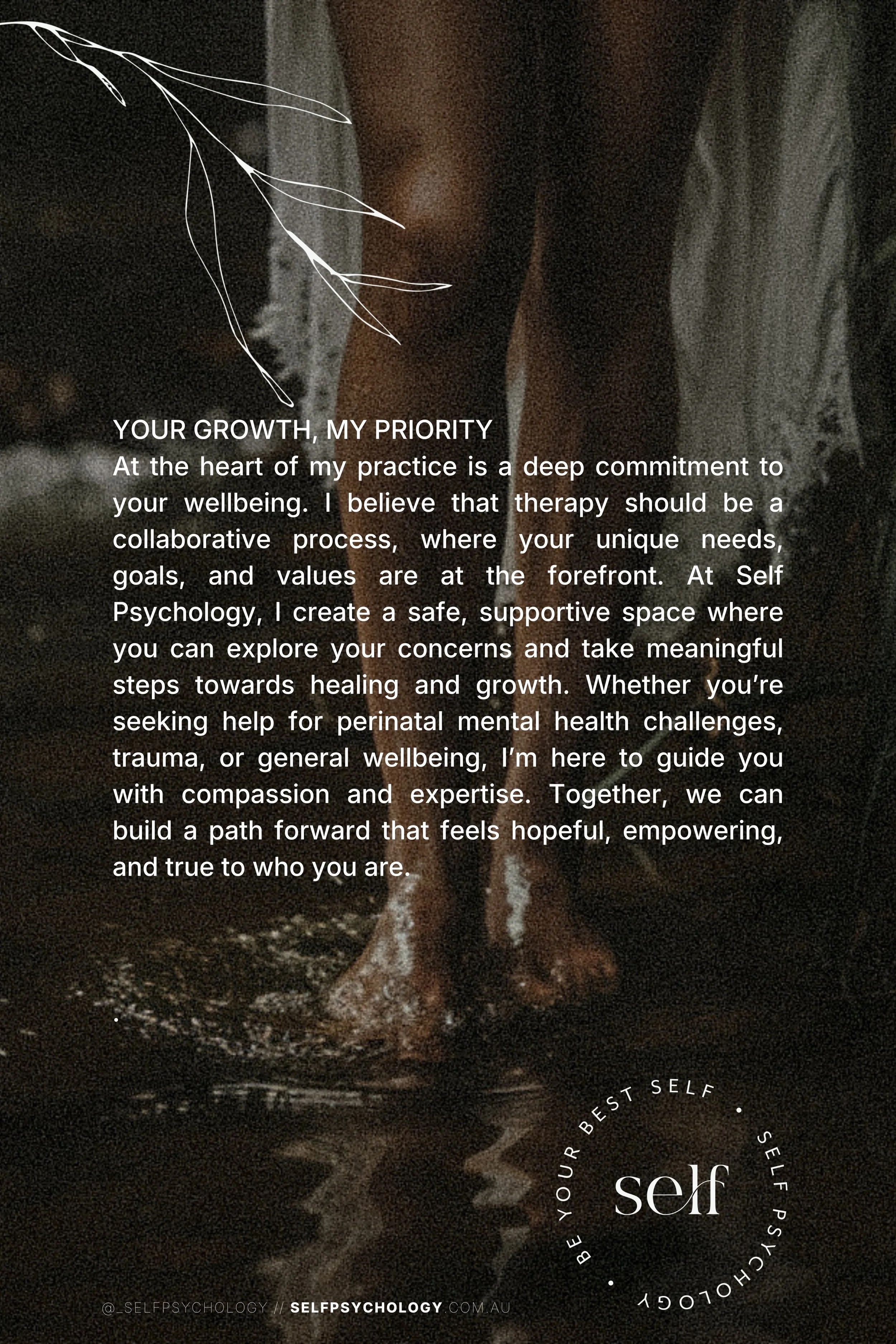 A person with dark skin and long black hair is standing in water, with water splashing around her feet. The person appears to be topless, and the background is dark. Overlayed on the image is a white illustrated branch in the upper left corner and a 