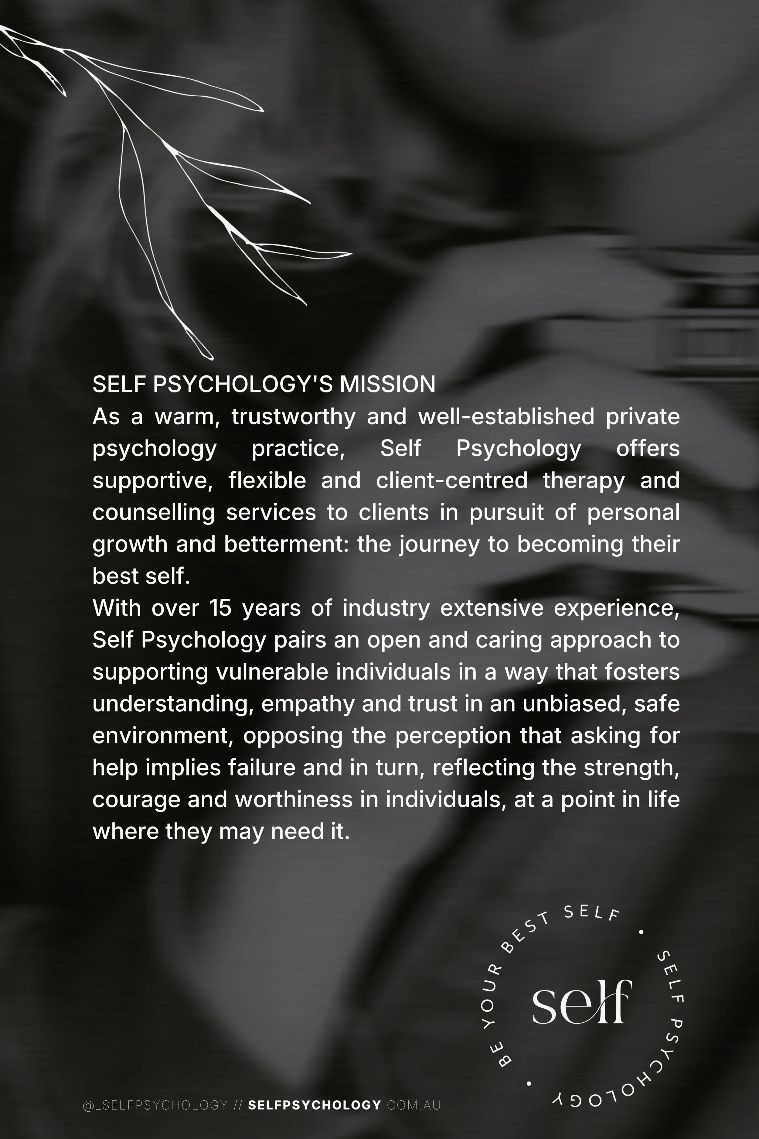 Text describing Self Psychology's mission on a black and white blurred background with a leaf illustration and a circular logo at the bottom right.