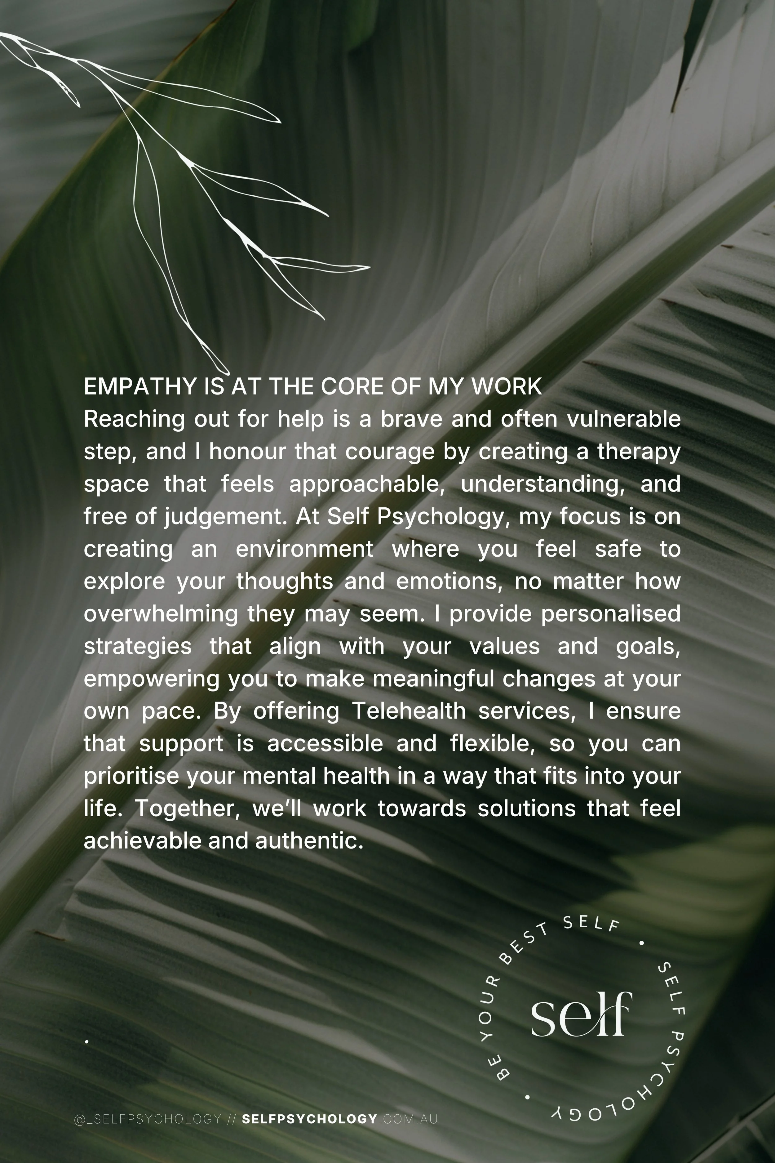 A green leafy background with white text promoting empathy and mental health support services, including telehealth options, with a circular logo featuring the words 'BE YOUR BEST SELF' and a small black dot, and a website URL at the bottom.