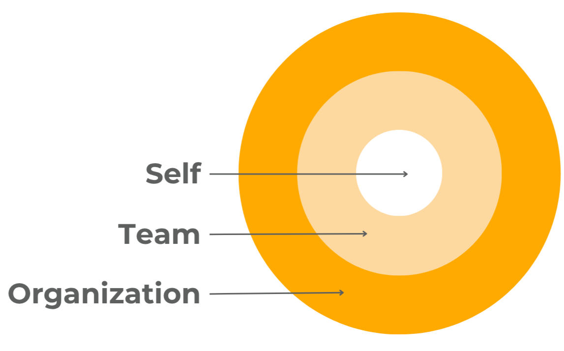 The lead.forward framework: Self at the center, surrounded by Team, surrounded by Organization