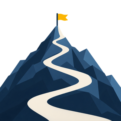 Illustration of a winding path up a mountain to a flag at the summit