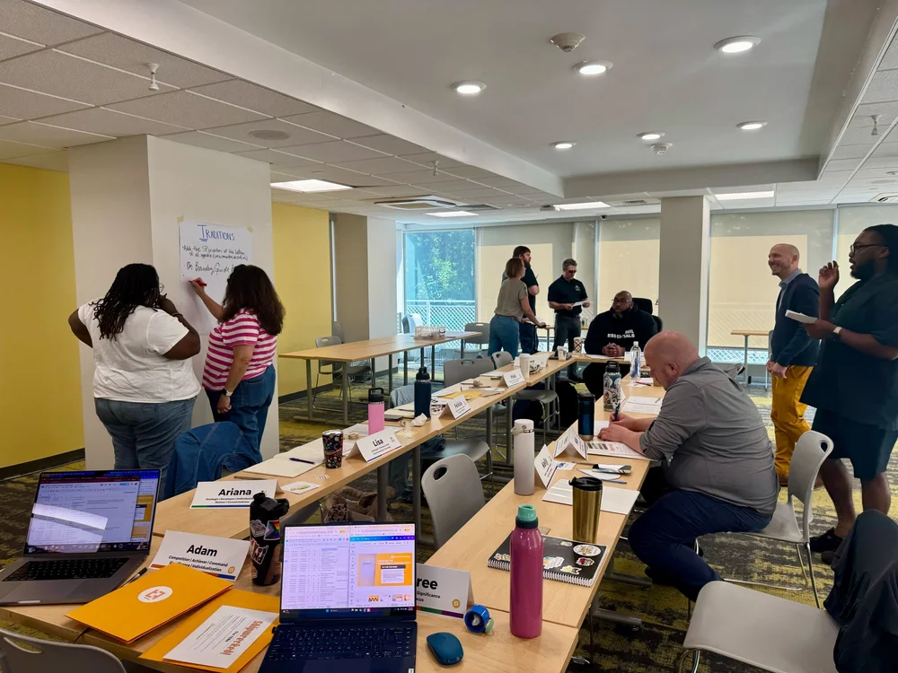 A leadership team working together during a facilitated retreat