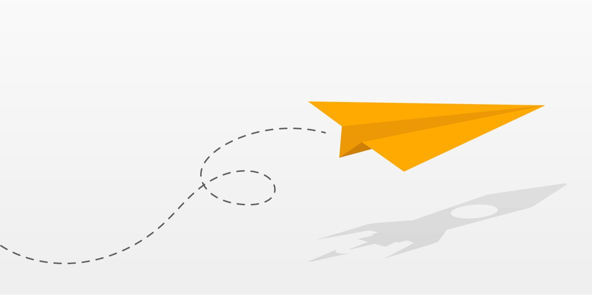 An orange paper airplane follows a looping dashed flight path and casts the shadow of a rocket