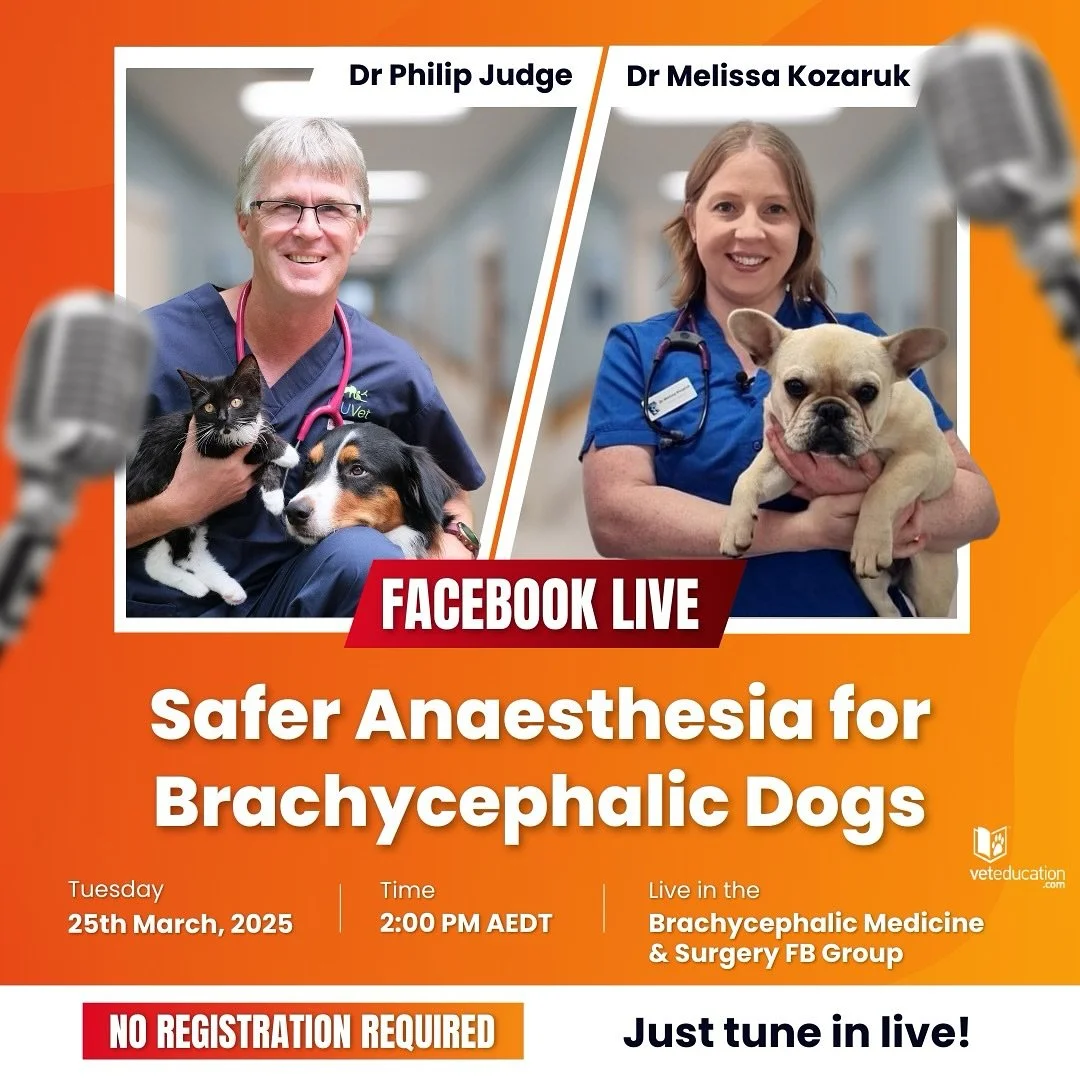 Upcoming Facebook Live &ndash; Safer Anaesthesia for Brachycephalic Dogs

⏰ Tuesday, 25th March, 2025 |  2:00 pm AEDT (Sydney time) 

📍 Live in the Brachycephalic Medicine &amp; Surgery - Veterinary Professionals Facebook Group

Join Dr Philip Judge