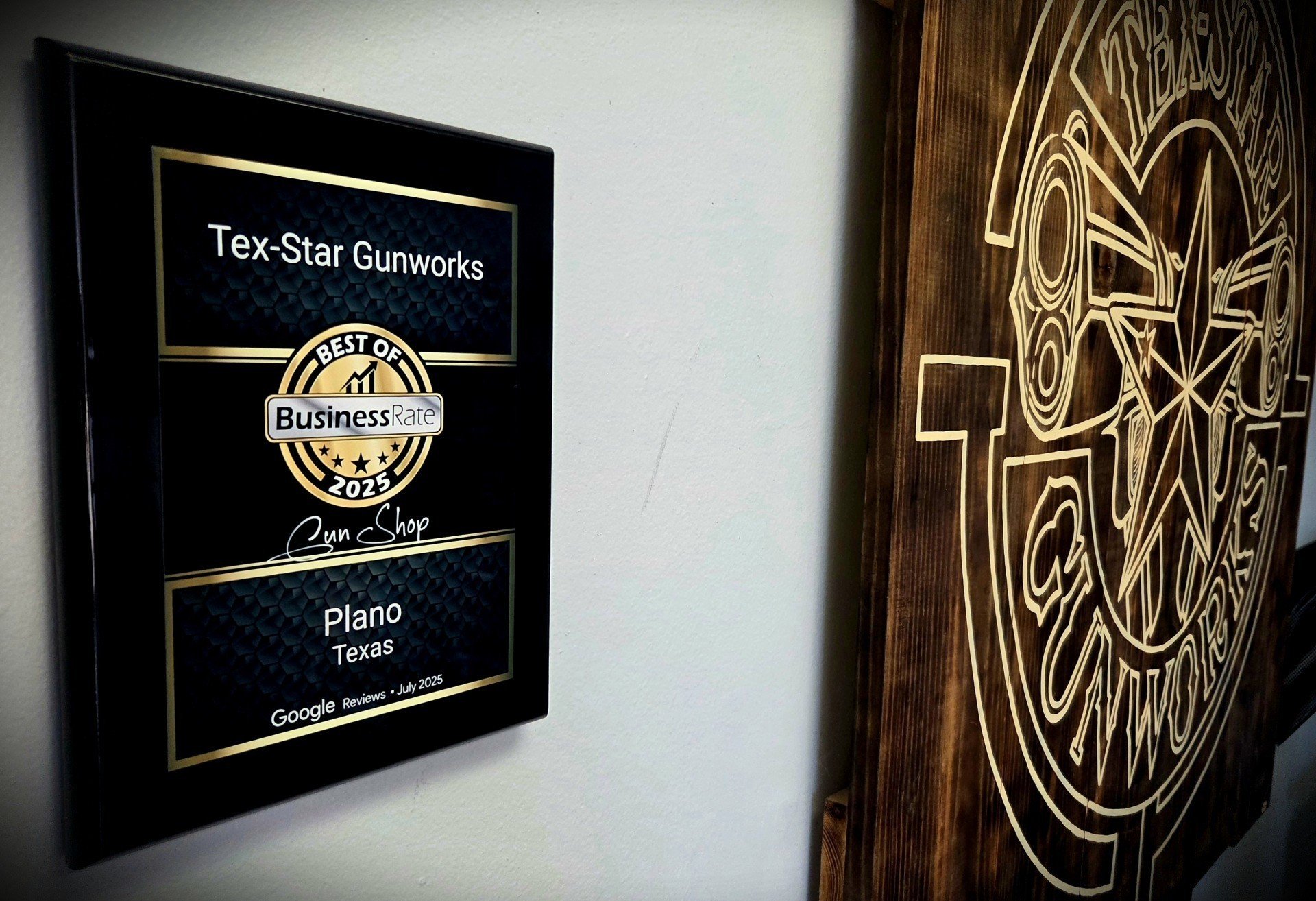 Award plaque for Tex-Star Gunworks, recognized as best of Business Rate 2025, located in Plano, Texas, with Google reviews from July 2025. Gunsmith, Cerakote, and Firearm Services.