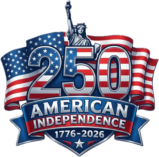 Celebrating 250 years of American independence from 1776 to 2026, featuring the Statue of Liberty, American flags, and patriotic colors.