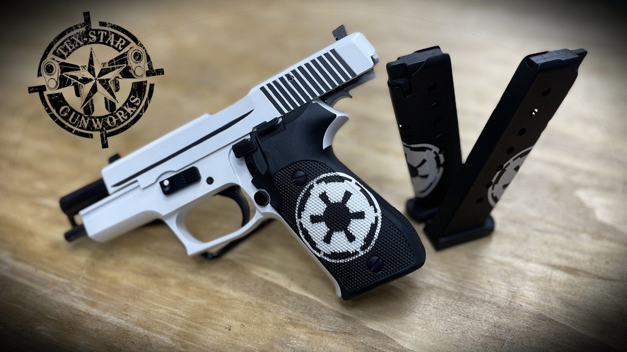 Tex-Star Gunworks in Plano Texas. Gunsmith, Cerakote, and Firearm Services Star Wars Imperial logo.