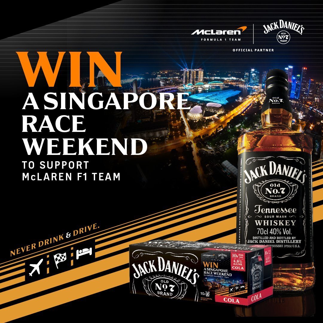 RACE INTO BOTTLEMART
Win a trip to the Singapore race weekend to cheer on the McLaren F1 Team!
Spend $20 or more on any Jack Daniel&rsquo;s product &amp; enter online for the chance to win flights, accommodation, tickets to the 2024 Singapore Grand P