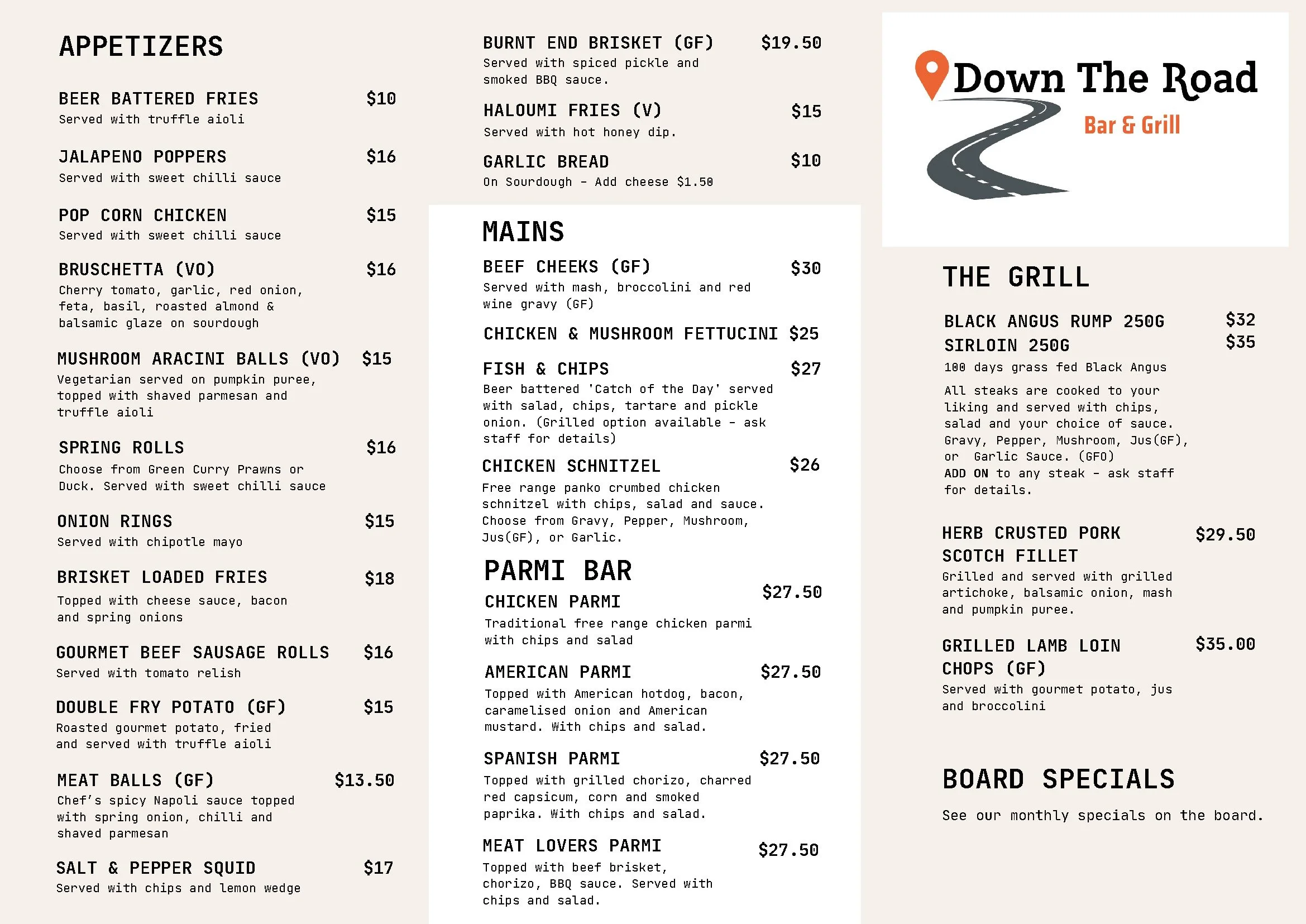 Menu — Down The Road Bar and Grill