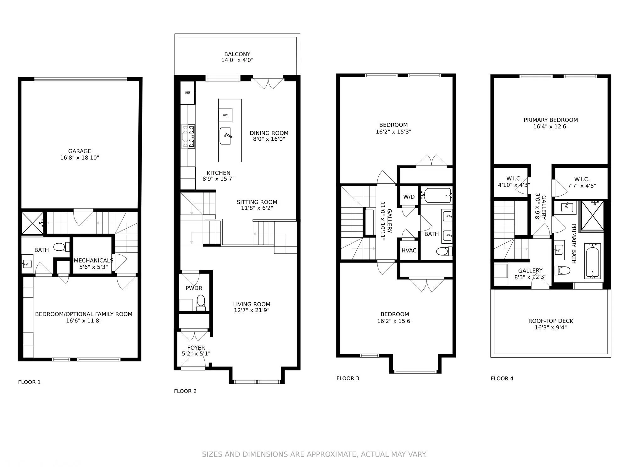 Four-floor house blueprint showing detailed room layouts, including garage, kitchen, living room, bedrooms, bathrooms, balconies, a roof-top deck, and various hallways and staircases.