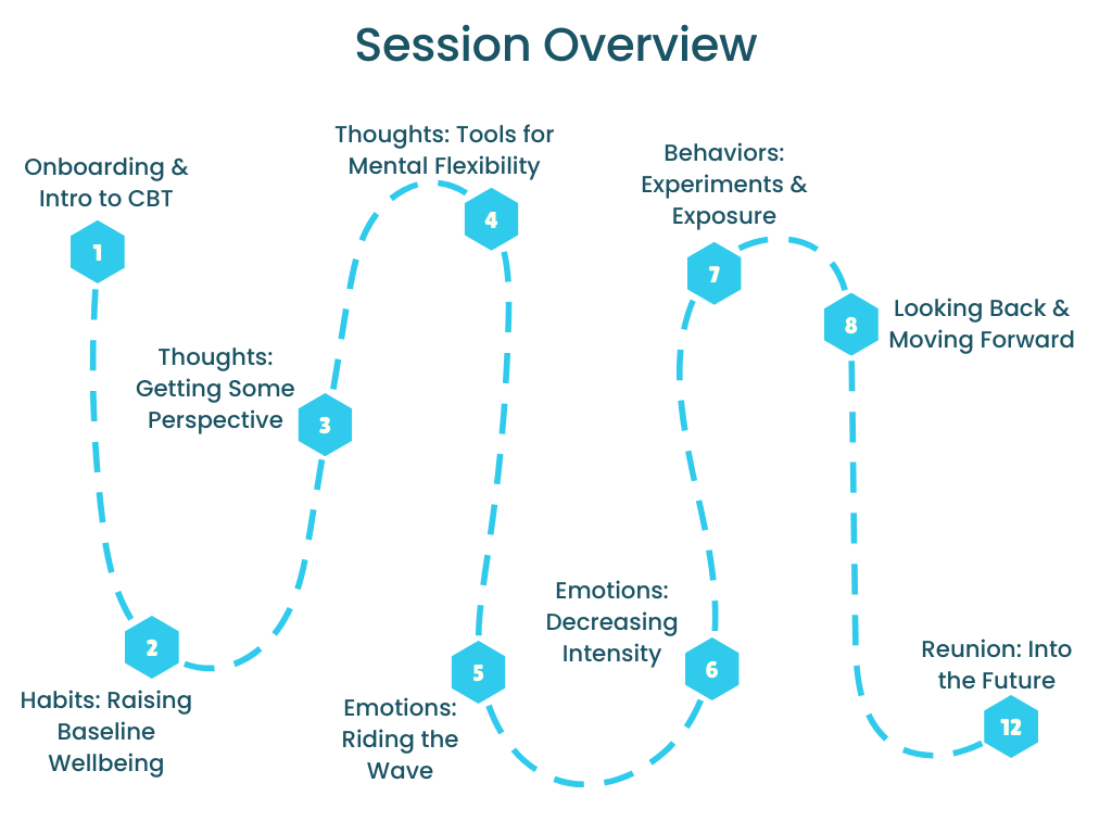In this online program, we'll guide you and a group of peers through proven techniques rooted in Third Wave Cognitive-Behavioral Therapy Approaches (CBT, ACT, Mindfulness). The techniques taught in The CBT Lab are shown to increase resilience, produc