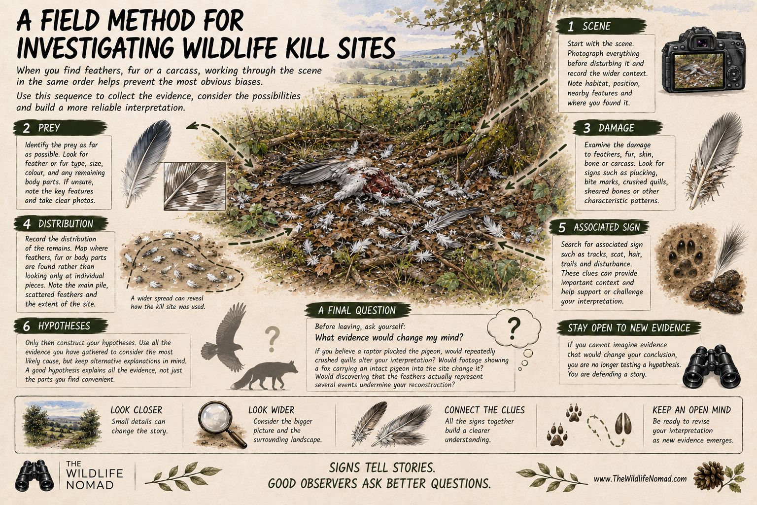 illustrated field method for investigating wildlife kill sites, showing six steps from recording the scene and prey to examining damage, distribution, associated signs and testing hypotheses.